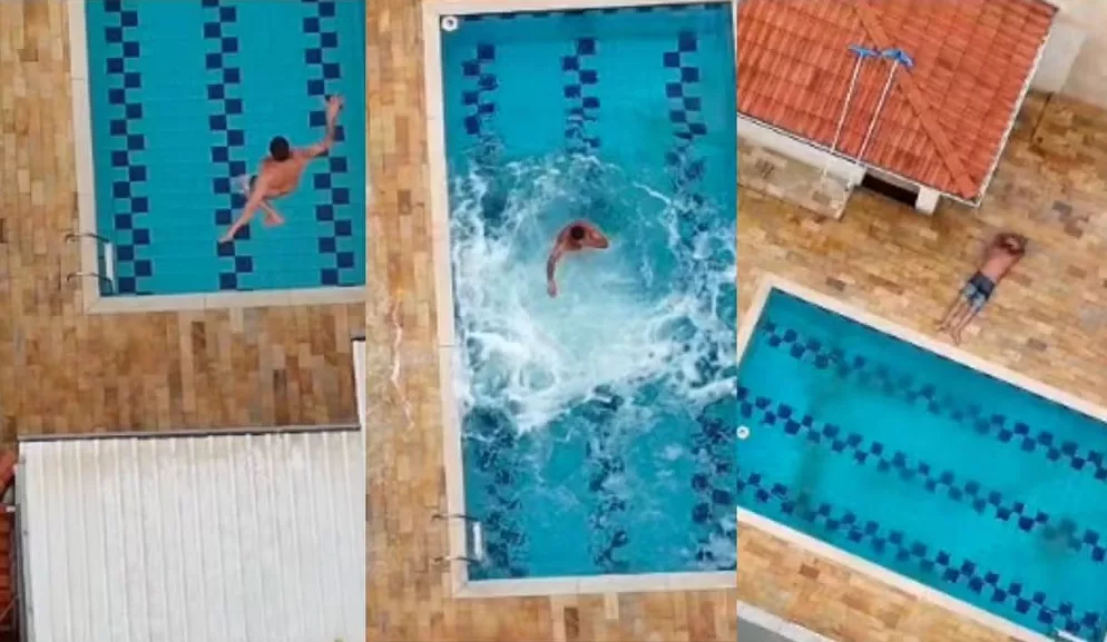 Suspeito pula de telhado para piscina durante fuga da polícia em Cerquilho (SP) — Foto: Reprodução