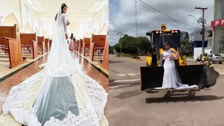 Noiva troca limusine e chega de retroescavadeira para casamento