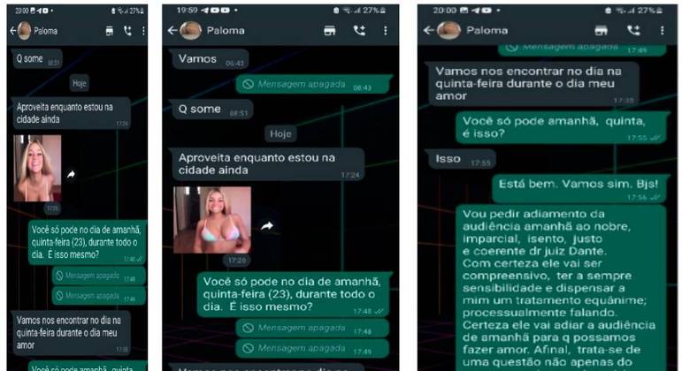 Trechos da conversa entre o advogado e a amiga Paloma, que não é a mesma pessoa da foto REPRODUÇÃO