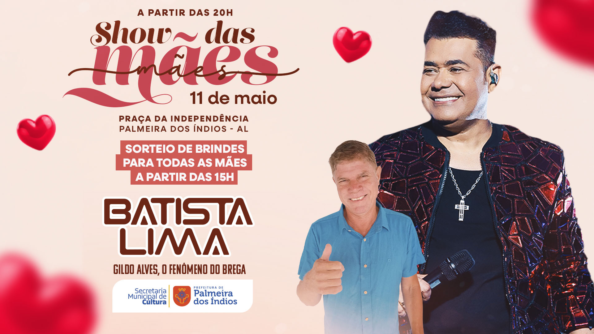 Prefeitura de Palmeira celebrará Dia das Mães com festa e show de Batista Lima na Praça da Independênci