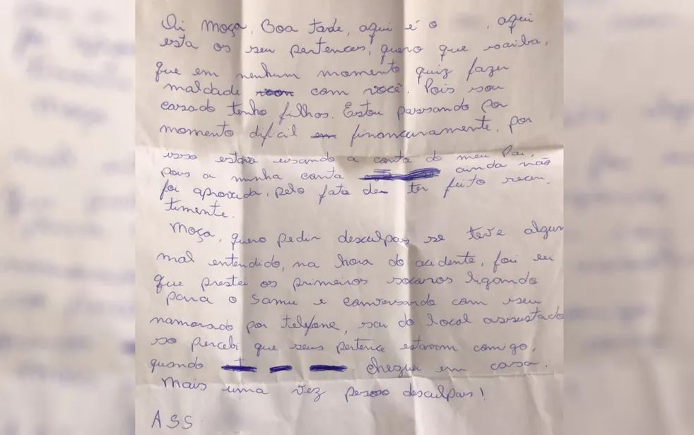 Após passageira pular de carro em movimento, motorista de app envia carta a ela com pedido de desculpas, Goiânia, Goiás — Foto: Arquivo pessoal/Walirrane Ramos