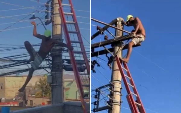 Após 24h em cima de poste, homem que fugia da PM desce e é detido