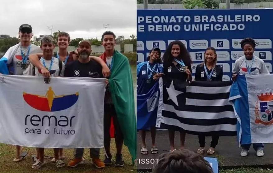 Atletas Henri Fontoura, João Kerchiner, João Milgarejo e Samuel Lopes juntos do técnico Oguener Tissot. Ao lado, Helen Belony Centeno, Evelen Cardoso, Vitória Brandão e Isabela Silveira — Foto: Reprodução