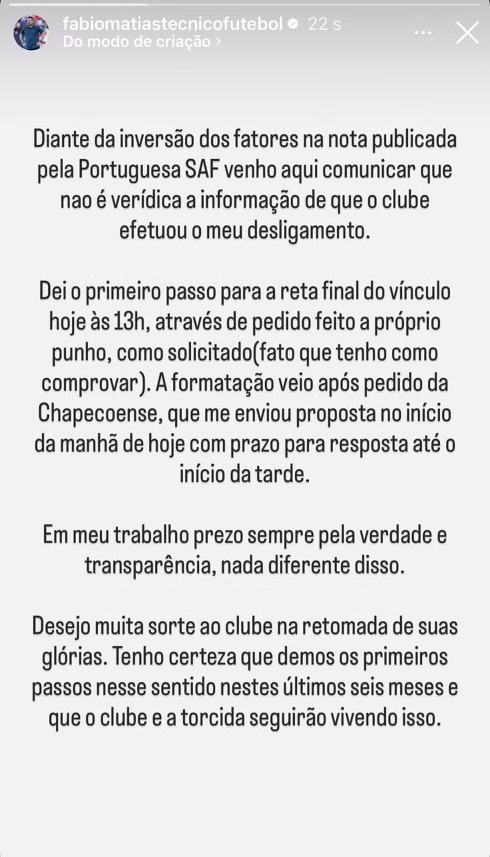 Fábio Matias, novo técnico da Chapecoense, responde a Portuguesa nas redes sociais — Foto: Redes sociais/Reprodução
