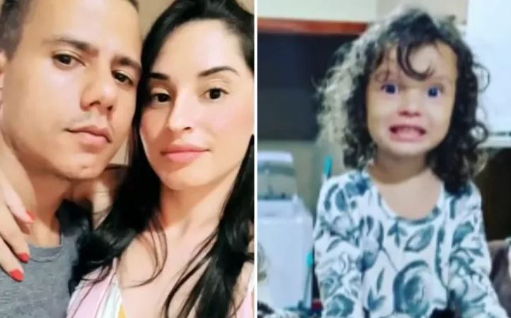 À esqueda, PM Rafael Martins Mendonça e a esposa Elaine Barbosa de Sousa; à direita, a filha dela, de 3 anos — Foto: Montagem/g1 e Reprodução/TV Anhanguera