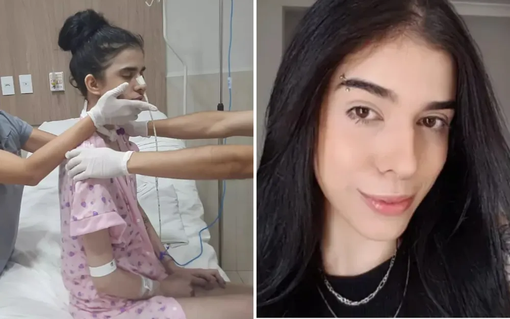 Thais Medeiros de Oliveira, de 25 anos, internada após cheirar pimenta, consegue se sentar durante fisioterapia, diz mãe