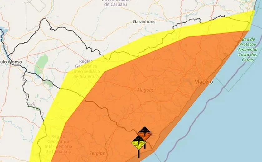 Quase todo o Estado de Alagoas tem alerta de chuvas intensas até sexta-feira