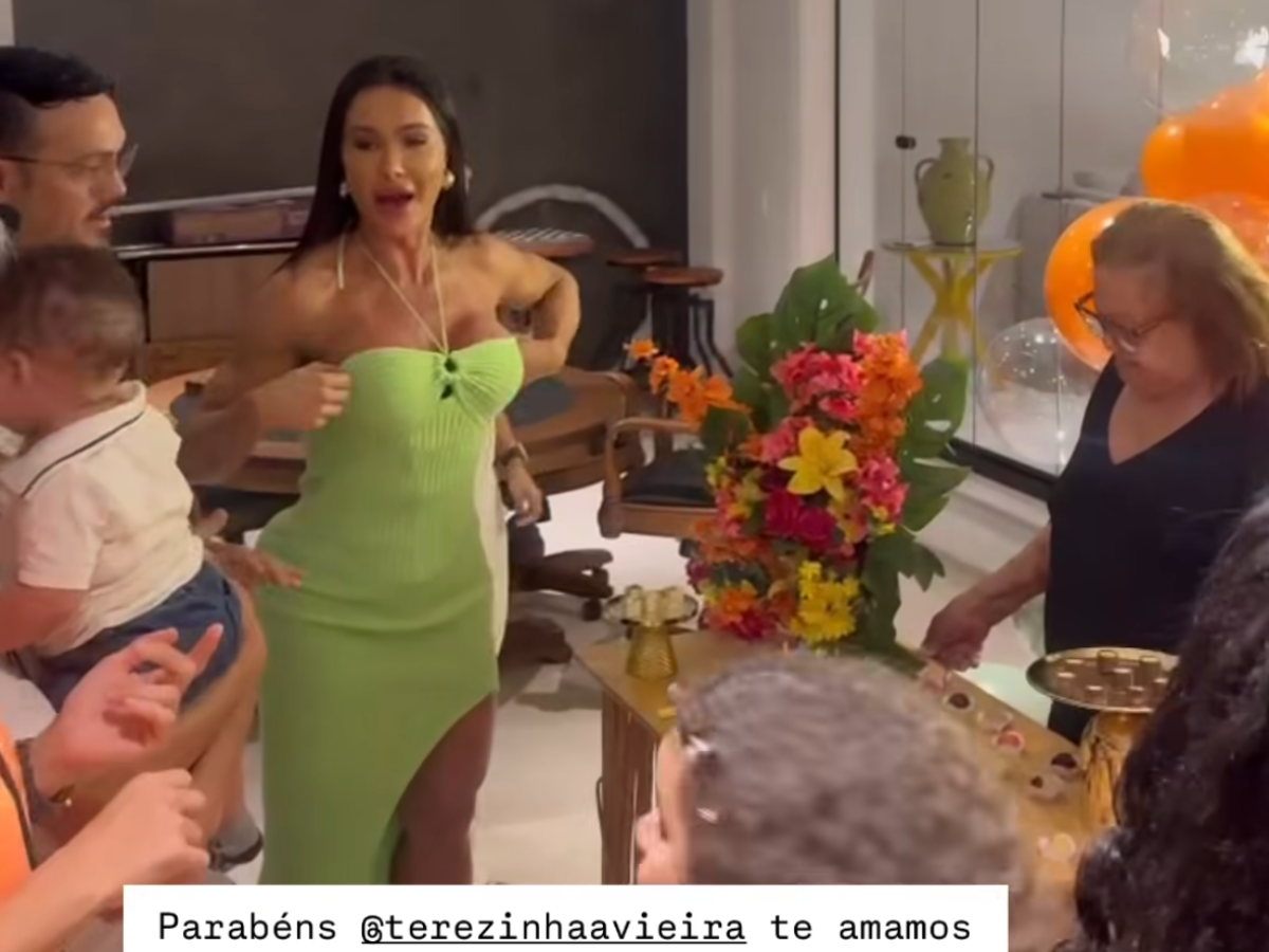 Gracyanne Barbosa faz festa de aniversário para ex-sogra, mãe de Belo, e ele participa