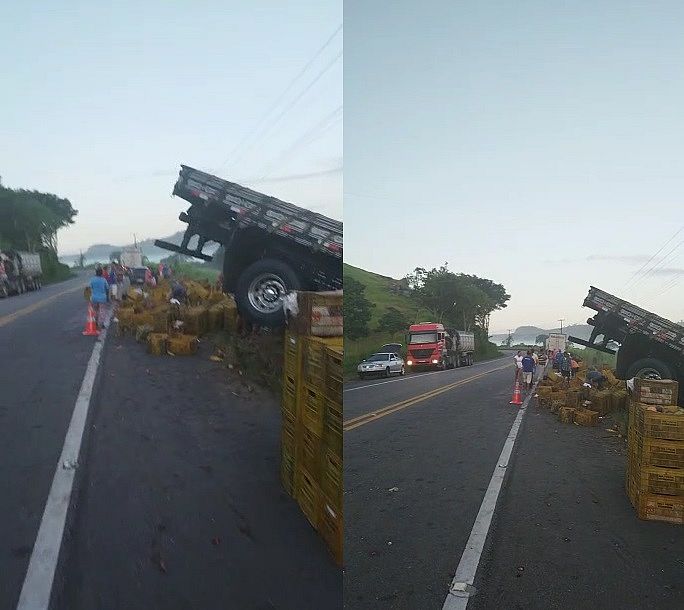 Motorista de caminhão com carga de frutas fica ferido após acidente na BR-316