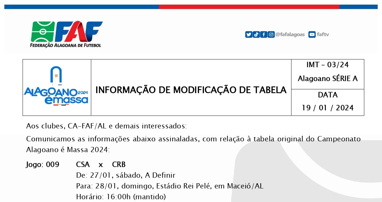 Divulgação oficial da Informação de Modificação de Tabela (IMT) - Foto: Reprodução/FAF