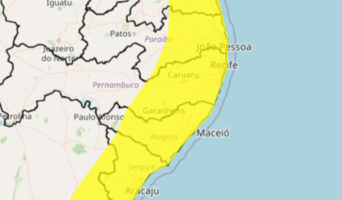 Inmet emite alerta de chuvas de até 50 milímetros para 96 municípios alagoanos