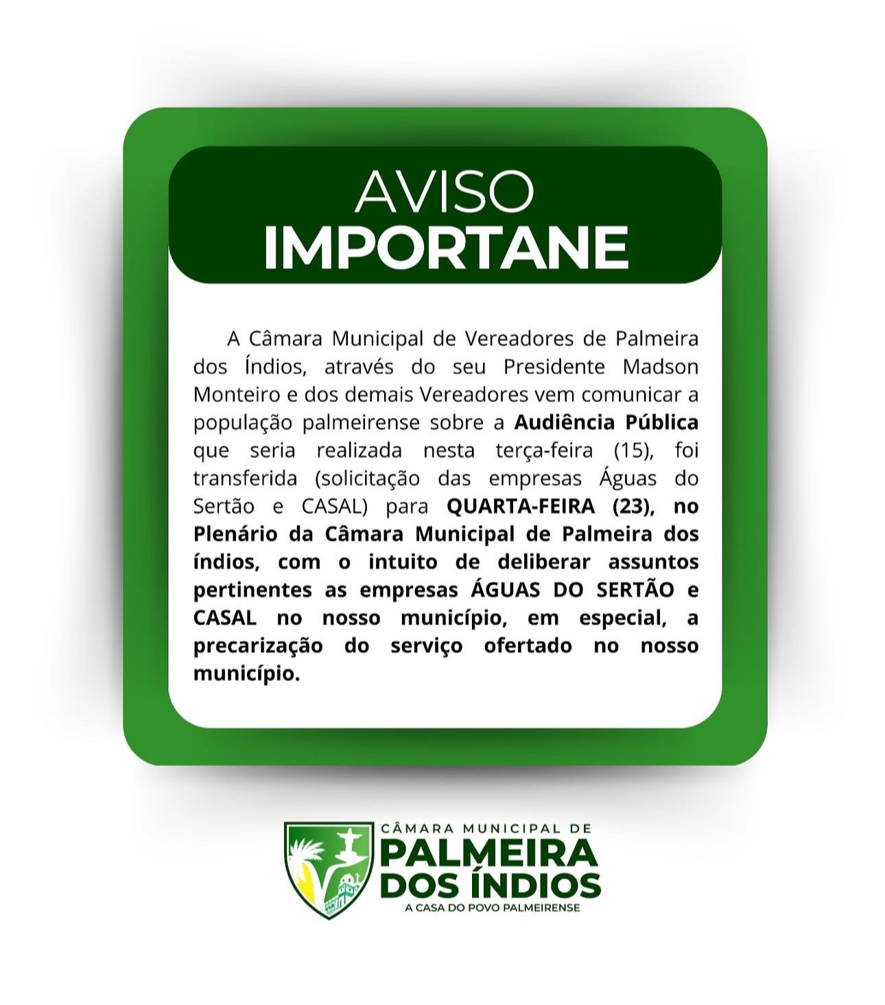 Audiência Pública com a empresa Águas do Sertão é adiada para o dia 23 de abril em Palmeira dos Índios