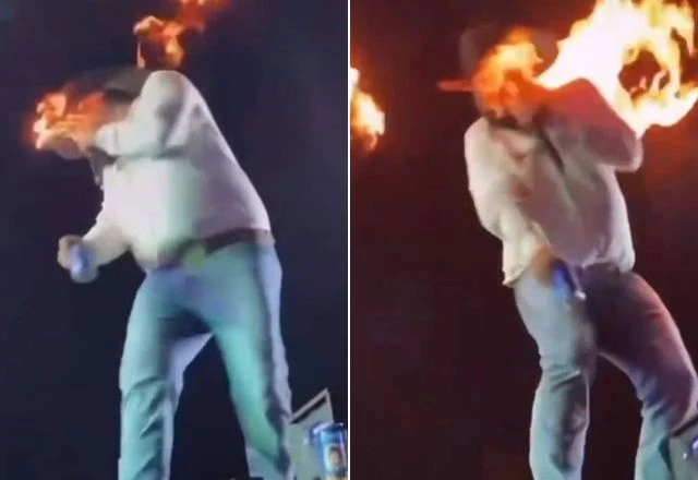 Cantor Léo teve rosto atingido por fogo durante show | Reprodução