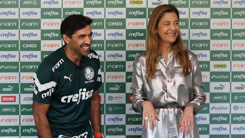 Abel Ferreira e Leila Pereira na Academia do Palmeiras — Foto: Cesar Greco / Palmeiras