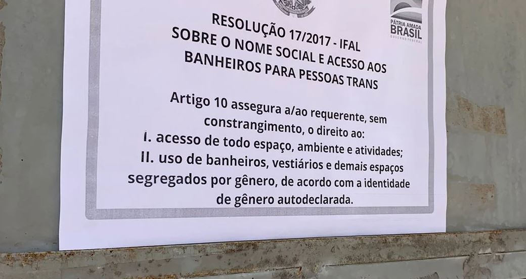 Resolução do IFAL Palmeira permitindo uso dos banheiros por pessoas trans causa polêmica entre pais e estudantes