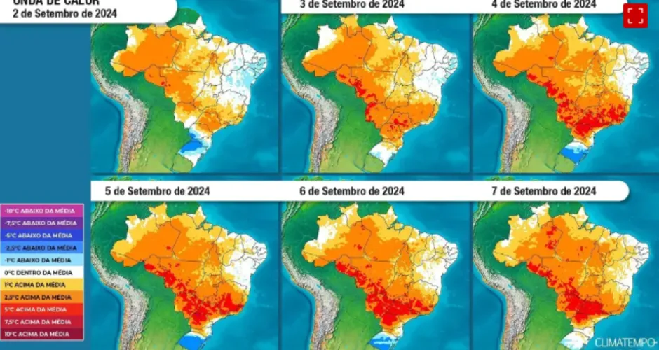 Painel diário de temperaturas de 02 a 07 de setembro. Climatempo