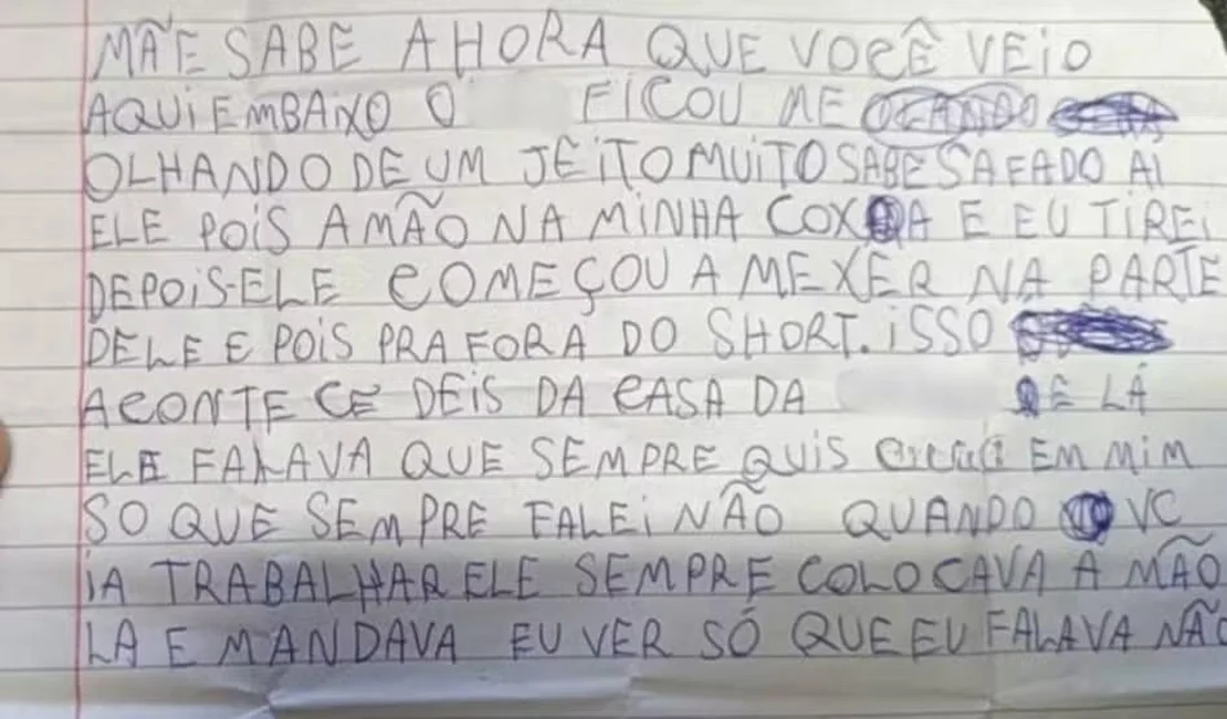 Menina de 9 anos escreve carta denunciando assédios do padrasto e coloca na bolsa da mãe